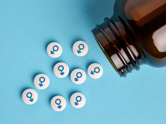Weiße Tabletten mit Männlichkeitssymbolen, aus brauner Flasche auf blauem Hintergrund.