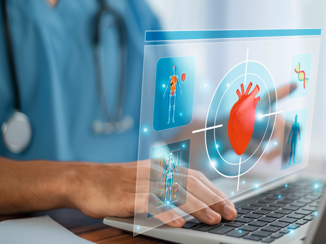 Medizinische Visualisierung eines Herzens auf einem Laptop-Bildschirm, digitale Diagnose und Gesundheitsdaten